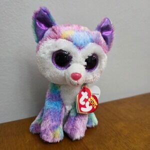 Ty Beanie Boo Izabella Cat Plush Toy Rainbow Tie Dye Sparkle Eyes 6 Inch